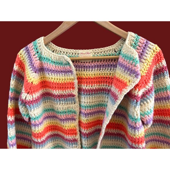 Hand Knit Rainbow Stripe Bohemian Cozycore Open Cardigan Craftcore Rare Festival - Picture 2 of 4